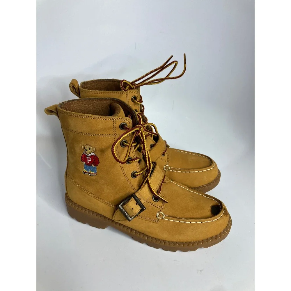Polo Ralph Lauren ranger lace up boots tan leather bear embroidery kids‎ size 3